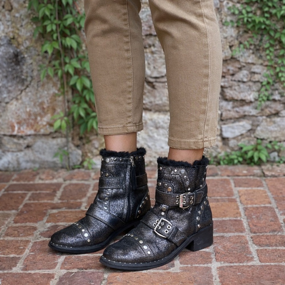 SAM EDELMAN Pewter Metallic Studded Rock and Roll Moto Boots, 9